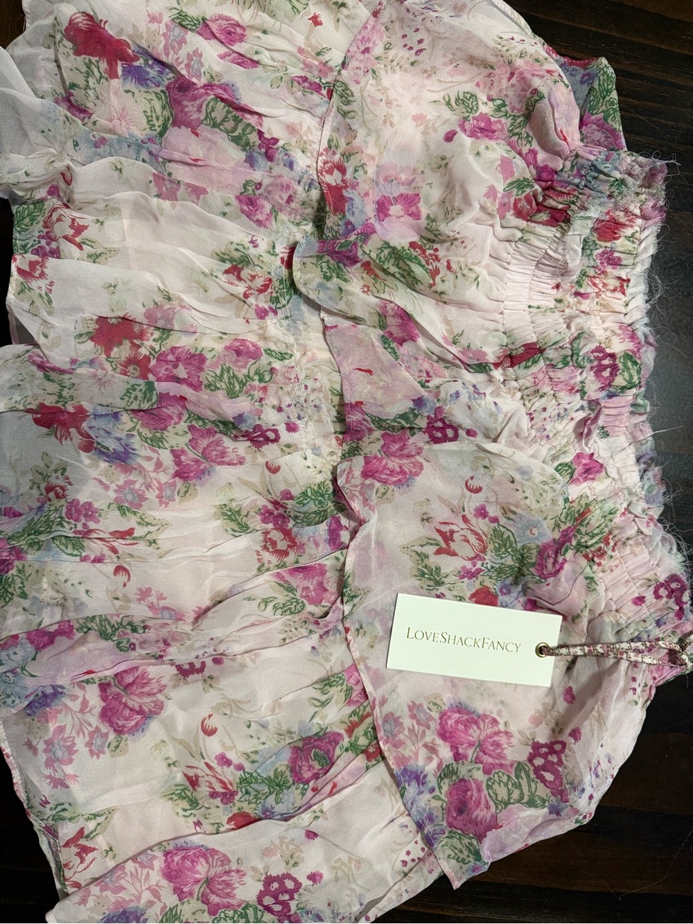 LoveShackFancy Pink Floral Ruffled Mini Skirt